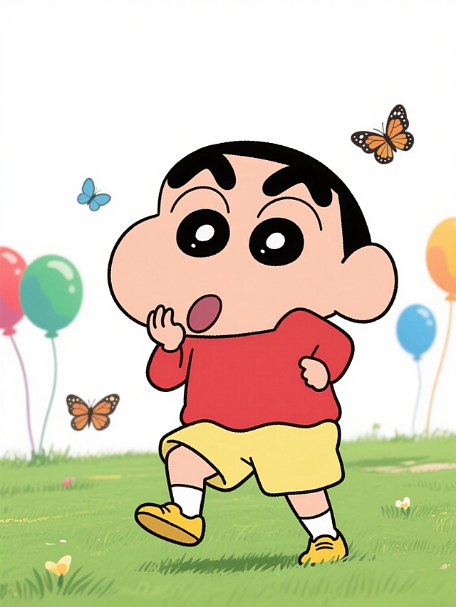 蜡笔小新卡通形象，保持其经典特征：粗黑短眉毛、圆眼睛、微翘的鼻子、伸出的舌头和手摸脸颊的调皮动作，穿着红色上衣和黄色短裤，黄色鞋子配白色袜子，采用动画片原版的平面手绘风格，线条简洁流畅，色彩鲜明饱和，纯色背景（非白色），无任何文字、logo和水印，场景拓展为小新在公园草地上玩耍，周围有彩色气球和飞翔的蝴蝶。