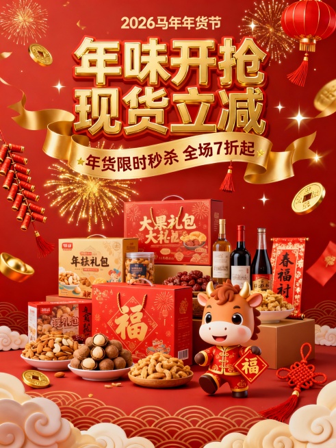 2026马年年货节主题电商促销海报，以正中国红 + 鎏金烫金为核心主色调，高饱和度撞色营造浓烈、热闹的新春年货氛围；画面上方居中放置立体浮雕质感的金色大字“年味开抢 现货立减”，字体厚重有光泽，搭配环预览效果