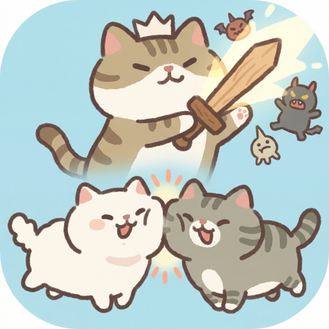 帮我生成一个参考图类似风格的猫咪，合成猫咪游戏的icon，游戏图标，需要吸引人，有创意，体现玩法，主要是两个小猫可以合成一个更高级的猫咪，去打怪的核心玩法。预览效果