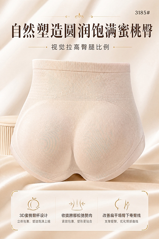 [商品] 使用【图3】QH3185高腰收腹提臀内裤背面蜜桃臀杯款，保留蜜桃臀杯立体结构、高腰设计、无缝针织面料；去除倾国秀LOGO，保留3185#款号；商品处理：增强臀杯立体饱满感，理顺面料褶皱，提升针织纹理质感，不改变版型和颜色。
[画面] 目标突出提臀效果与蜜桃臀塑造，上下构图，上方大标题+内裤背面主视觉，下方配提臀效果说明，产品占画面55%，背景为浅米色高级质感背景，有柔和的光影和丝绸质感，营造塑形内衣的高级感。
[视觉] 套系策略：风格=高级轻奢内衣品牌商业摄影；标题字=优雅衬线粗体+细线条装饰；正文字=简洁无衬线体；主色=浅米色；背景延展=基于浅米色做深浅层级、同色渐变和细腻丝绸/墙面肌理质感；强调色=香槟金色，仅用于小面积图标、引线、分割线和标签装饰；标题色=深暖棕；正文色=中暖灰；组件=圆角浅底信息卡、金色细线引线、精致小图标；光影=左前侧暖柔光，柔和阴影。
[文字] 上方主标题"自然塑造圆润饱满蜜桃臀，副标题"视觉拉高臀腿比例，下方3个提臀卖点：3D蜜桃臀杯设计、收拢胯部松弛赘肉、改善扁平塌臀下垂臀线，文字横向排版，金色装饰线条。
[规格] 图片比例2:3竖版，4K，避免变形、错字、文字过小、冷蓝背景、残留倾国秀LOGO、版型失真、低俗擦边、绝对化用语。