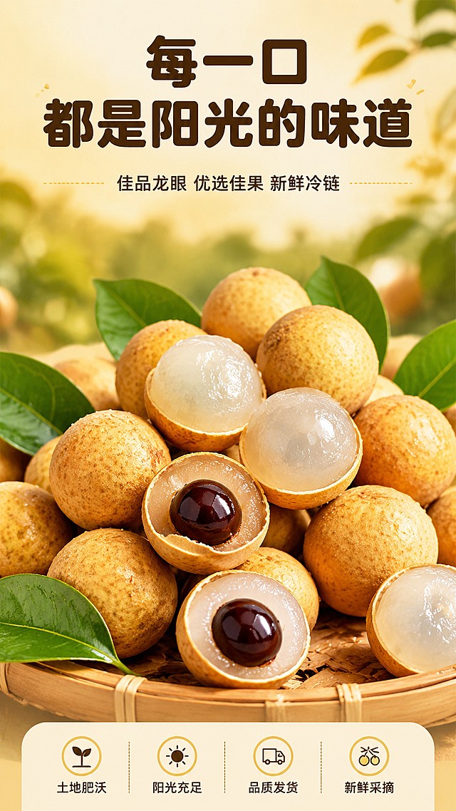 「图片1」参考图片风格，上传您的商品图，生成1套详情页，我的产品是广东龙眼，图片需要更换一下，帮我生成八屏