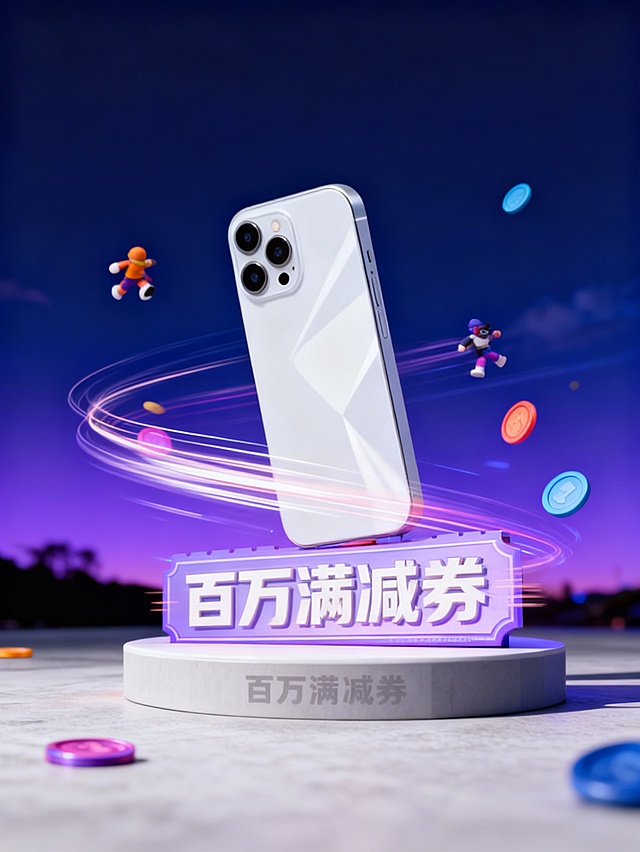 未来感与科技感交织的3D风场景，霓虹灯效环绕手机，软3D卡通人物跃动其间，粒子轨迹营造梦幻酷炫氛围，促销信息“百万满减券”醒目突出，趣味十足。