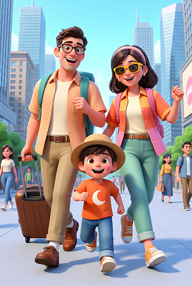 卡通感与软3D风结合，清新温馨的都市家庭出行场景，动漫风格人物设计，充满时尚感与体积感，传递欢乐节日氛围。