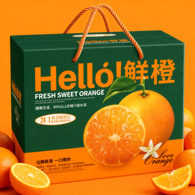 居中展示鲜橙手提瓦楞礼箱的正面，保持正面包装物理结构和文字绝对不变，严禁扭曲变形模糊。整体为橙色同色系场景，礼箱放在画面中心，周围散落新鲜完整的橙子和切开的果肉，时尚简约真实摄影风格，暖调柔和商业光影预览效果