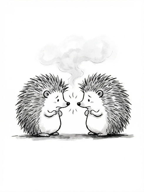 简约手绘风格，两只刺猬想要依偎取暖，但不贴在一起，保持一点距离，害怕被彼此的刺伤害，黑白水墨线条，白色背景，简约治愈，延续参考图片的卡通手绘风格预览效果