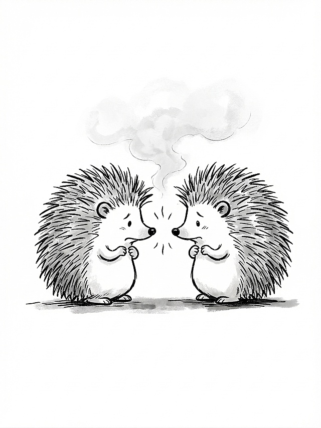 简约手绘风格，两只刺猬想要依偎取暖，但不贴在一起，保持一点距离，害怕被彼此的刺伤害，黑白水墨线条，白色背景，简约治愈，延续参考图片的卡通手绘风格