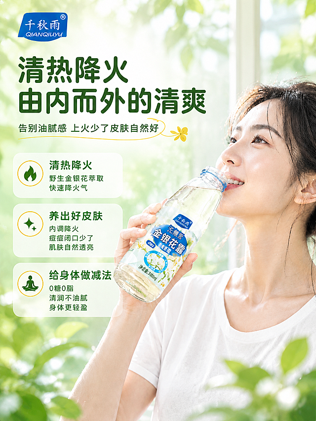 [商品] 使用【图4】女性模特饮用无糖型金银花露场景；保留模特亚洲面孔、白色T恤、手持瓶身角度、瓶身标签与Logo「千秋雨」、无糖型蓝盖蓝标；修复瓶身标签文字清晰度，保持产品真实比例。
[画面] 模特生活方式型，右人左文构图，模特位于画面右侧占约55%，侧脸微笑仰头饮用产品；左侧留白放文字信息；背景为窗边虚化绿叶与柔和自然光；前中后景三层，前景虚化绿叶、中景模特与产品、后景窗景光斑。
[视觉] 套系策略：风格=清新自然草本商业摄影风；标题字=粗黑体圆润厚重；正文字=简洁无衬线体；主色=草本嫩绿；背景延展=基于嫩绿做深浅渐变、朦胧植物光斑与水润质感；强调色=暖金黄，仅用于小面积图标、引线、标签和高光；标题色=深墨绿；正文色=中绿灰；组件=圆角白底信息卡、细线引线、圆形icon；光影=右后侧逆光轮廓光+前侧补光，通透自然。
[文字] 左上主标题「清热降火 由内而外的清爽」，副标题「告别油腻感 上火少了皮肤自然好」；下方三个圆角白底卖点卡竖排：「清热降火：野生金银花萃取 快速降火气」「养出好皮肤：内调降火 痘痘闭口少了 肌肤自然透亮」「给身体做减法：0糖0脂 清润不油腻 身体更轻盈」；文字均横排，不遮挡模特脸部与产品。
[规格] 拼多多详情页比例3:4竖版，宽度1500px高度2000px，4K分辨率，负向提示：避免变形、错字、文字过小、医疗功效、极限词、产品颜色改变。