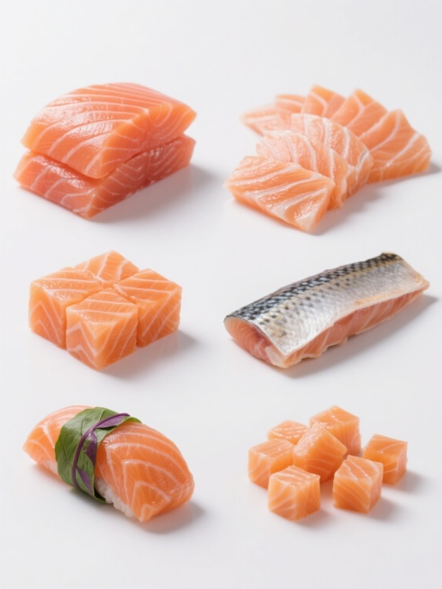 白色纯色背景上，6种完全不同造型的三文鱼系列素材集合规整排布，保持高清写实摄影风格，三文鱼肉质呈现橙红色并带有清晰白色脂肪纹理，质感细腻有光泽，光影自然柔和，阴影细节丰富。第一种造型为厚切三文鱼刺身，整齐叠放；第二种为薄片三文鱼刺身，呈扇形排列；第三种为三文鱼切块，大小均匀的立方体；第四种为三文鱼鱼排，带皮的长条片状；第五种为三文鱼卷，用翠绿的紫苏叶包裹；第六种为三文鱼丁，小巧的方丁状，所有造……预览效果
