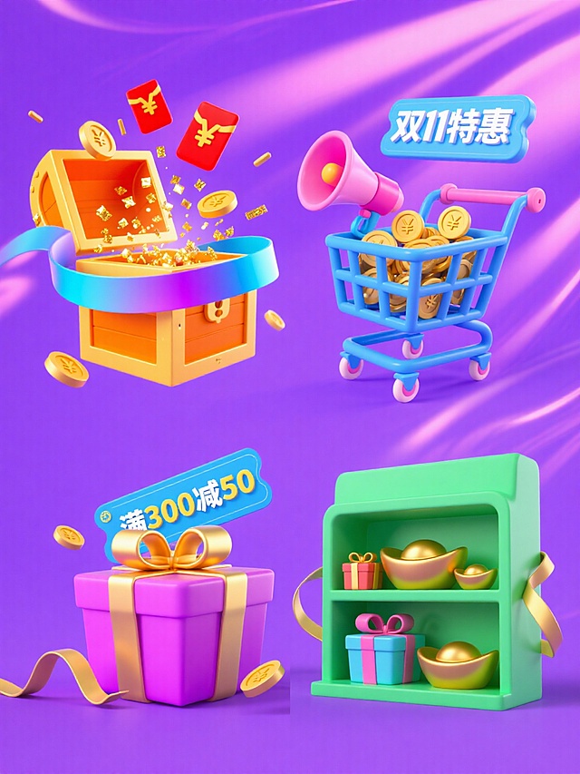 4组电商促销素材组合，每组素材独立显示，紫色流光背景，上下两行，排列整齐，高饱和度配色造型。素材1：亮橙色宝箱，表面有金属光泽，带蓝色渐变飘带缠绕，宝箱炸开，内部飞出多只红色红包，红包周围点缀金色闪光粒子；素材2：天蓝色购物车里面装满带“¥”符号的金色金币，旁边有粉色喇叭，喇叭发出蓝色渐变“双11特惠”文字；素材3：粉紫色礼盒，带金色蝴蝶结，玻璃质感，礼盒上方有“满300减50”的蓝色优惠券；素材4：绿色货架，货架上摆多份带丝带的彩色礼物盒和金色金元宝。