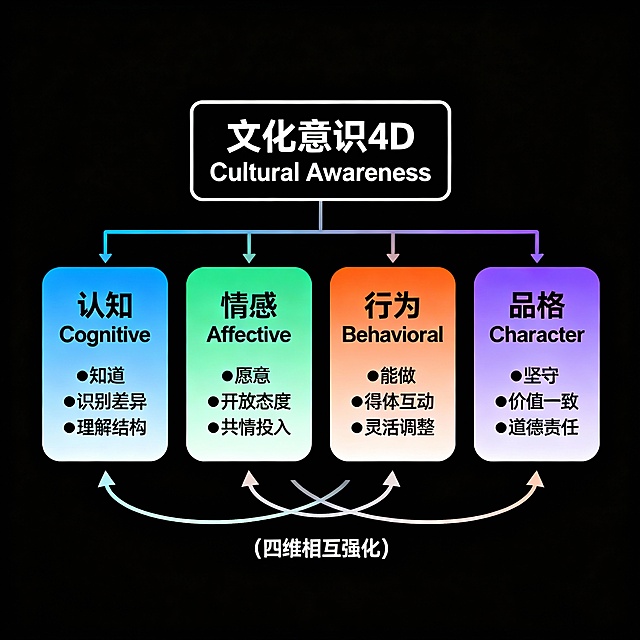 ┌──────────────┐
                          │  文化意识4D  │
                          │ Cultural Awareness│
                          └──────┬───────┘
                                 │
      ┌──────────┬──────────┬──────────┬──────────┐
      ▼          ▼          ▼          ▼
┌─────────┐ ┌─────────┐ ┌─────────┐ ┌─────────┐
│ 认知     │ │ 情感     │ │ 行为     │ │ 品格     │
│ Cognitive│ │Affective│ │Behavioral│ │ Character│
│         │ │         │ │         │ │          │
│●知道    │ │●愿意    │ │●能做    │ │●坚守    │
│●识别差异│ │●开放态度│ │●得体互动│ │●价值一致│
│●理解结构│ │●共情投入│ │●灵活调整│ │●道德责任│
└────┬────┘ └────┬────┘ └────┬────┘ └────┬────┘
     └─────────┴─────────┴─────────┼─────────┘
                                     │
                                 双向循环箭头
                                 （四维相互强化）