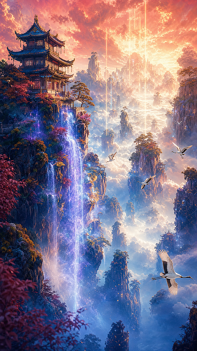上古东方云海仙山秘境，霞光下的浮空仙居，史诗级中式美学场景，极繁主义细节，极致垂直空间深邃纵深感，兼具梦幻仙气与空灵禅意。低角度垂直纵深构图，以瀑布与云海为引导线，强化从近景奇峰到远景霞光的垂直空间延伸感，打造“直通天界”的梦幻透视效果。画面左侧浮空奇峰顶端的中式仙阁，飞檐翘角、雕梁画栋，青瓦木构，古色古香，楼阁被云雾环绕，彩林与奇松点缀其间，尽显仙气；奇峰边缘瀑布飞流直下，水流泛着蓝紫光晕，如流光溢彩的银河倾泻。中景云海间的其他浮空奇峰，奇松扎根岩缝，远处的仙宫轮廓在云雾中若隐若现，仙鹤展翅翱翔，为画面增添灵动气息；流光溢彩的光带从云端垂落，与瀑布交相辉映，进一步柔化边界，强化场景的层次感与纵深感。背景是霞光漫天的云海天空，云朵被染成橙红与金粉，阳光穿透云层洒下柔光，远方的云海与天空连成一片，通过瀑布的垂直延伸、云雾的虚实层次、光影的明暗渐变，极致放大场景的梦幻深邃感与空灵氛围。建筑细节：仙阁的飞檐斗拱、雕花窗棂、青瓦纹理，奇峰的岩石肌理与奇松、彩林，细节可放大赏析。环境细节：瀑布的水流与蓝紫光晕、仙鹤的羽毛纹理、云海的蓬松流动效果、霞光的色彩层次、流光溢彩的光带，微观层次饱满。氛围光影：采用“上暖下冷、顶亮底柔”的光影逻辑，远景霞光暖橙明亮，中景瀑布与光带泛着冷调蓝紫光晕，云雾在光线中泛着朦胧柔光，通过明暗对比与虚实渐变强化梦幻深邃感，整体光影层次丰富，氛围感拉满。质感：建筑的木质与石材质地、奇峰的岩石肌理、瀑布的水流与光晕、云海的蓬松流动感、彩林的花瓣与叶片质感，8K超写实渲染，极致细节质感。风格：中式仙侠美学，国风梦幻史诗，极繁主义构图，秩序井然的元素堆叠，通过垂直空间与光影打造极致梦幻深邃感。画质：UE5渲染，电影级调色，景深效果，HDR，禁止西方建筑元素、现代科技、畸形结构、模糊纹理、杂乱色彩、过曝/死黑区域，禁止破坏空间纵深感的平面化构图