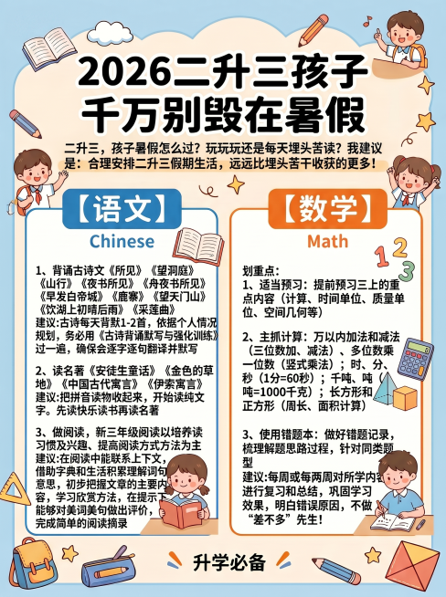 修改这张二升三暑假规划封面，移除左上角的“小红书”文字，重新优化整体布局，让所有文字内容完整显示清晰，排版更加合理协调，保持原有的卡通可爱风格和3:4比例预览效果