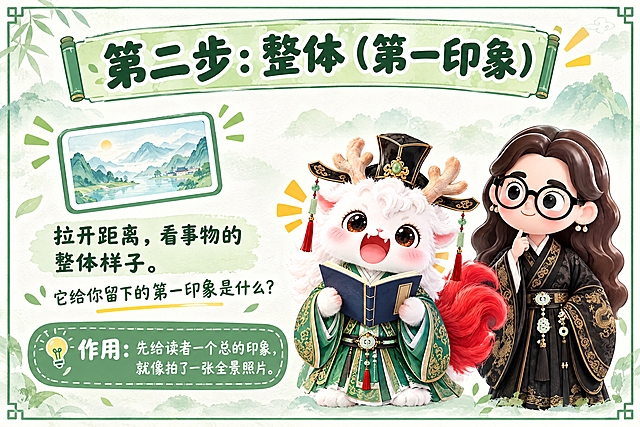 横版6寸比例的知识卡片设计，标题为"第二步：整体（第一印象）"，内容为：拉开距离，看事物的整体样子。它给你留下的第一印象是什么？作用：先给读者一个总的印象，就像拍了一张全景照片。画面左侧有一个全景照片图标，右侧放置两个Q版国风IP形象：一个是捧着书本大声朗读的白色毛绒瑞兽（穿绿色汉服戴官帽），另一个是戴黑框眼镜、穿黑色金龙纹汉服的卡通女孩，整体风格清新治愈，淡绿色水彩风背景，与费曼复述卡系列风格统一，排版清晰，适合打印