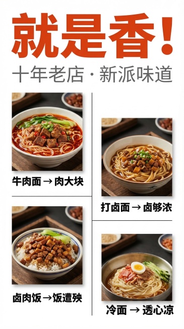 120x200cm竖版现代极简风格广告设计，主色调纯净白背景，活力橙红标题，高级灰文字，轻食尚极简主义，大留白非对称构图，四张美食大图特写有张力，图片分别是香辣牛肉面、打卤面、卤肉饭、冷面，每张图片背预览效果