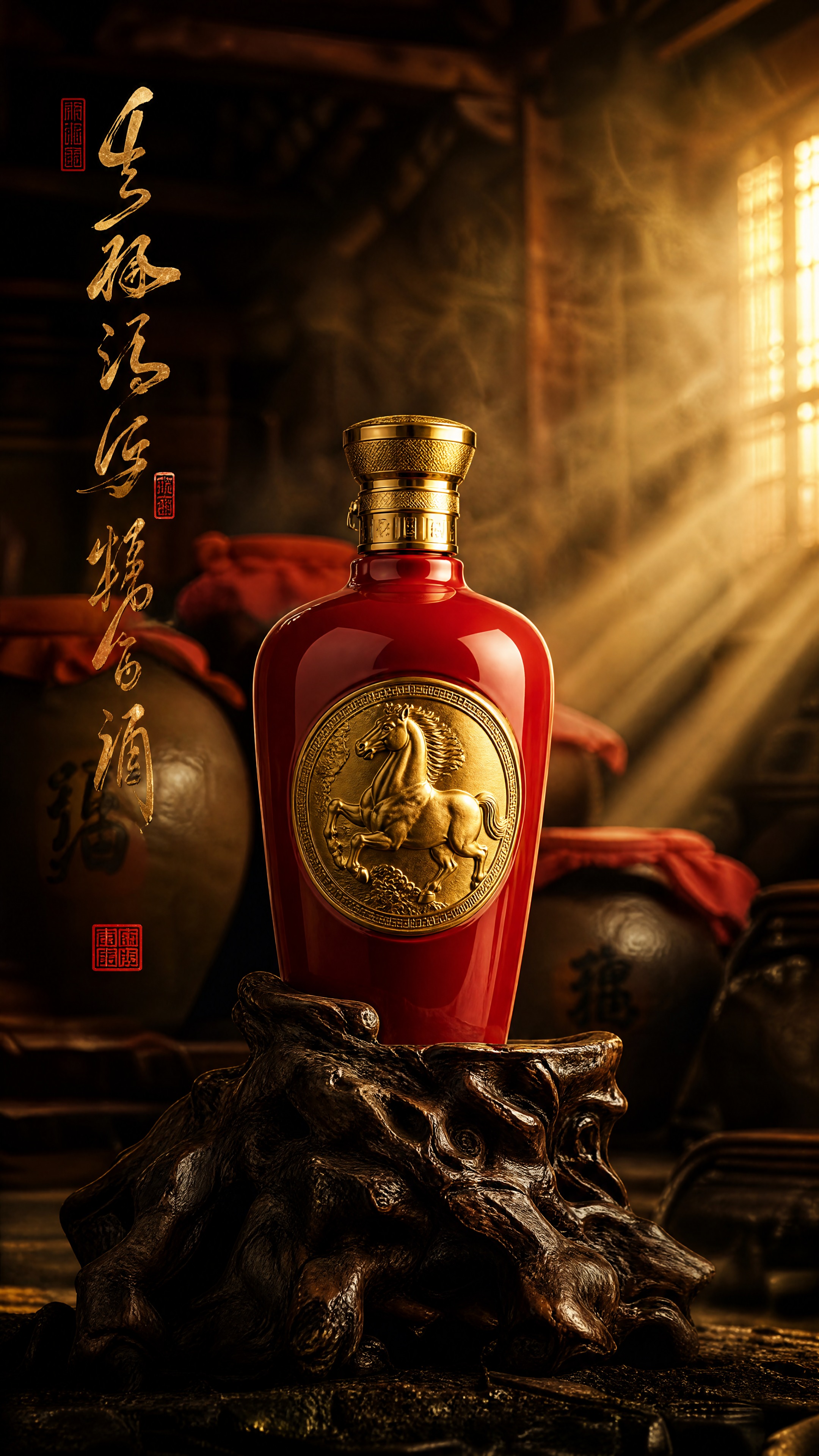 高端商业广告摄影，国潮复古风格。画面正中央是一瓶精致的红色陶瓷… - 图片创意预览