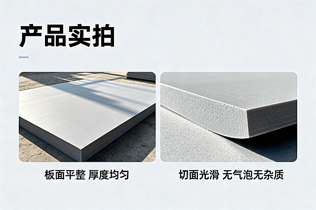 工业浅灰色背景，产品实拍模块，标题"产品实拍"用加粗字体突出，下方分区域展示：左侧是聚乙烯板材整体实拍图，标注"板面平整 厚度均匀"；右侧是板材切面特写图，标注"切面光滑 无气泡无杂质"，真实呈现产品细节质感