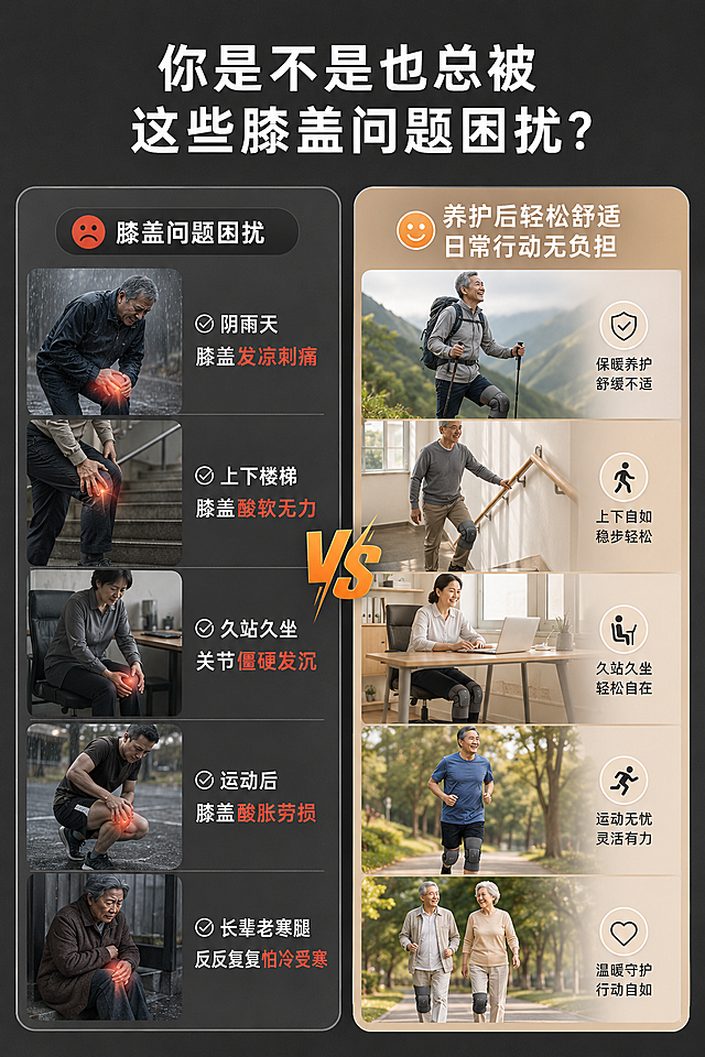 「图片1」二、详情页模块拆分&精准制作指令
 
1. 首屏主海报模块
 
- 视觉：黑色高级质感产品图+暖光氛围，突出双膝穿戴效果+控制器特写
​
- 大标题（加粗醒目）：恒温热敷+震动按摩 双效护膝 给膝盖专属温暖SPA
​
- 副标题：告别老寒腿/关节酸胀/畏寒发凉 日常养护轻松护关节
​
- 核心3大卖点小字置顶：无线便携｜三档温控｜多频按摩｜男女通用
 
2. 痛点共鸣场景模块
 
- 文案内容：
你是不是也总被这些膝盖问题困扰？
✅阴雨天膝盖发凉刺痛
✅上下楼梯膝盖酸软无力
✅久站久坐关节僵硬发沉
✅运动后膝盖酸胀劳损
✅长辈老寒腿反反复复怕冷受寒
​
- 画面：左右对比图，不适场景VS使用后轻松舒适场景
 
3. 核心功能卖点爆破模块
 
1. 【恒温热敷理疗】
三档精准控温，大面积环绕发热，热量深层渗透，驱散关节寒气，温暖直达酸痛深处
​
2. 【多模式震动按摩】
多档位震动按摩，模拟真人揉捏捶打，放松紧绷肌肉，快速缓解膝盖酸胀僵硬
​
3. 【无线便携长续航】
充电无线设计，不用被电源线束缚，居家、办公、追剧、走路随时随地都能戴
​
4. 【可调节魔术贴贴合设计】
高弹可调节绑带，大小腿粗细都适配，穿戴牢固不移位，贴合不勒腿
​
5. 【亲肤透气面料】
蜂窝透气网面+柔软内里，久戴不闷汗，舒适亲肤，四季都可用
​
6. 【一机多用】
膝盖、手肘、小腿、踝关节多部位均可使用，全身疲劳部位都能放松养护
 
4. 细节参数展示模块
 
- 实拍细节：控制面板按键、魔术贴绑带、透气面料内里、充电接口特写
​
- 产品基础参数：
品名：智能电热按摩护膝仪
供电：USB充电无线款
档位：3档热敷+多档按摩
材质：亲肤潜水布+透气蜂窝面料
适用：左右双膝通用、男女老少均可
颜色：经典暗夜黑
 
5. 使用场景模块
 
- 居家睡前：热敷放松，安稳入眠
​
- 办公久坐：随时佩戴，缓解腿部僵硬
​
- 运动过后：快速舒缓运动劳损
​
- 秋冬出门：提前保暖，抵御寒气
​
- 送礼孝心：送爸妈长辈，暖心实用健康好礼
 
6. 权威安心&售后保障模块
 
- 文案：安全恒温控温防烫伤、面料安全无异味、操作简单长辈一学就会
​
- 售后承诺：7天无理由退换、质保换新、全程无忧购物
 
7. 底部行动号召收尾
 
别让膝盖不适降低生活质量
每天15分钟，热敷+按摩双重养护
还膝盖温暖舒适，重拾腿脚轻松活力
自用舒适，送礼体面，守护全家关节健康
 
 
 
三、排版&视觉额外要求
 
1. 整体色调：以深灰+暖橙暖红为主色调，凸显温暖治愈、专业养护属性
​
2. 文字层级：大标题加粗放大，卖点短句分行，重点关键词高亮标红
​
3. 配图逻辑：产品实拍+场景图+功能示意图+细节放大图，图文一一对应
​
4. 阅读节奏：段落简短、多图标符号分隔，手机滑动阅读零压力
