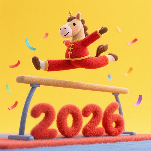 主体是一只穿红色新年套装的卡通小马，做体操跳马动作，在空中劈叉。鞍马下方有2026文字。黄色背景，中间飘下彩带。
