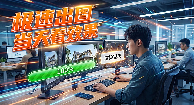 抖音个人作品风格，效果图制作服务宣传图，画面是设计师在电脑前快速渲染效果图，屏幕上有进度条和"渲染完成"提示，配抖音热门风格文字"极速出图 当天看效果"，风格动感高效，色彩鲜亮明快