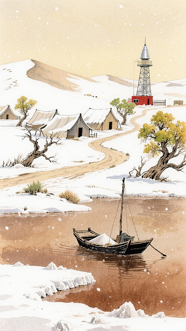 雪落静谧，水彩与水墨交融的插画风，质朴村落与孤舟相映，冬日暖阳下的宁静之境。