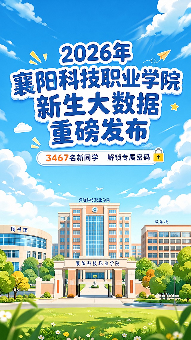 [画面] 新生大数据封面页，竖版构图。画面上方是蓝天白云，中间偏上位置有大标题"2026年襄阳科技职业学院新生大数据重磅发布"，标题下方有副标题"3467名新同学  解锁专属密码"。画面中下部是卡通风格的大学校园建筑插画，有教学楼、图书馆、校门等，青春活泼。底部有绿色草地和树木点缀。整体氛围朝气蓬勃、青春洋溢。
[视觉] 套系策略：风格=蓝天白云卡通插画风、青春活泼手绘插画风格；标题字=圆润可爱的卡通粗体字；正文字=简洁圆润无衬线体；主色=天蓝色；背景延展=蓝天白云渐变，从上到下由深蓝到浅蓝过渡；强调色=橙黄色，仅用于小面积图标、数据高亮和装饰元素；标题色=深蓝色；正文色=深灰色；组件=圆角白色信息卡片、可爱图标、云朵装饰；光影=明亮柔和的自然光。
[文字] 画面上方居中主标题"2026年襄阳科技职业学院新生大数据重磅发布"，副标题"3467名新同学"，文字清晰醒目，不遮挡主体建筑。
[规格] 竖版9:16比例，4K，high质量，避免模糊、错字、文字过小、颜色暗淡。