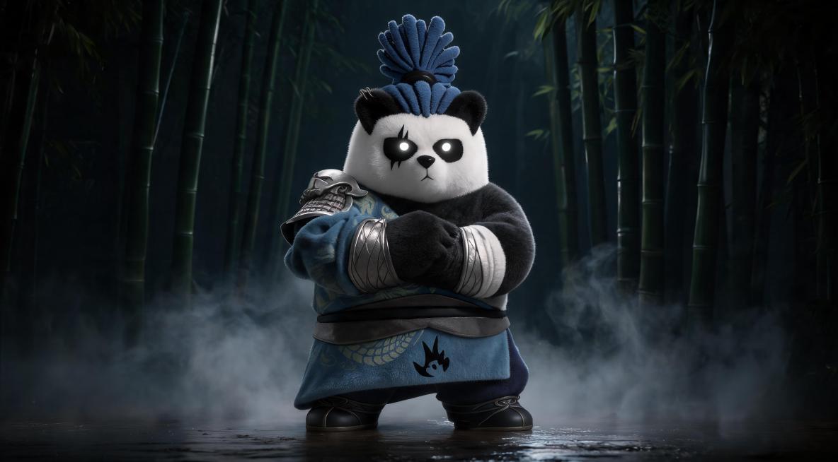 full-body photo of this panda IP character from the reference image at eye-level. Background is a ba预览效果