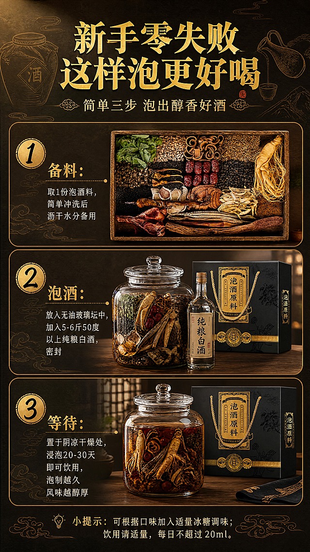 [商品] 使用【图1】二十味泡酒原料和【图2】礼盒；保留原料和礼盒原貌；配合玻璃泡酒坛、白酒等道具展示泡酒过程。
[画面] 标准泡酒方法屏，目标教新手三步泡酒法。三步纵向流程图布局，从上到下依次展示备料、泡酒、等待三个步骤；每步配对应场景图（第一步：冲洗沥干食材；第二步：放入玻璃坛加白酒密封；第三步：阴凉处存放）；左侧有金色数字序号引导阅读动线；背景融入古风酒坛、酒壶线描元素和祥云纹。
[视觉] 套系策略：风格=古风国潮高端商业摄影，东方典雅质感；标题字=宋体类古风书法衬线体，笔画厚重有力量；正文字=简洁宋体正文，清晰易读；主色=深棕黑+暗金色；背景延展=基于深棕黑做渐变层次，叠加暗纹云纹底、宣纸纹理、淡金线描山水；强调色=赤金色，仅用于小面积图标、引线、重点文字高亮和装饰线条；标题色=烫金色；正文色=米白色；组件=金边圆角步骤卡、祥云纹分割线、古风数字序号印章；光影=左上暖金色侧光，玻璃酒坛有通透高光表现。
[文字] 顶部大标题"新手零失败 这样泡更好喝"，副标题"简单三步 泡出醇香好酒"；三步分别标注："备料：取1份泡酒料，简单冲洗后沥干水分备用"、"泡酒：放入无油玻璃坛中，加入5-6斤50度以上纯粮白酒，密封"、"等待：置于阴凉干燥处，浸泡20-30天即可饮用，泡制越久风味越醇厚"；底部小提示"💡 小提示：可根据口味加入适量冰糖调味；饮用请适量，每日不超过20ml。"；全部文字横向排版。
[规格] 图片比例9:16竖版，4K分辨率，淘宝/天猫详情页适配；避免变形、错字、文字过小、现代感元素、冷蓝灰色调、饮酒过量暗示。
