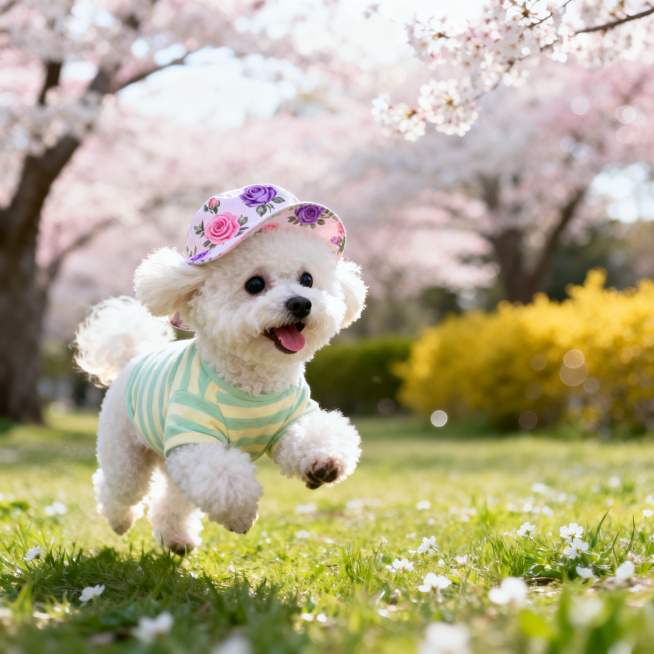 一只白色卷毛小型比熊犬，呈跃起姿态，表情愉悦开心，毛发蓬松柔软，眼睛圆大乌黑，嘴巴微张露出粉色舌头，治愈可爱。狗狗穿着浅绿+浅黄条纹的宠物衣服，戴着图片中带有粉紫玫瑰花朵印花的宠物帽。场景是春日户外公预览效果