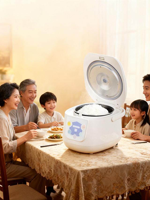 特写主体放置在精致饭桌上，背景是朦胧的暖色调，饭桌旁一家人幸福温馨。