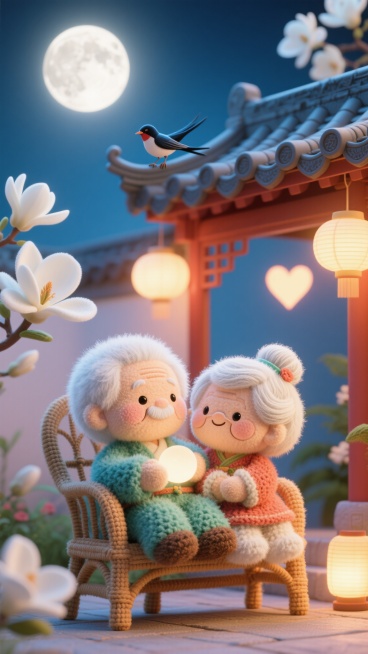 毛绒钩针玩偶情侣，一对古风老情侣依偎在庭院藤椅上共赏月光，白发覆着薄纱般银辉，檐角喜鹊静立守望，背景点缀白色玉兰花与发光爱心灯笼，整体光影细腻柔和，玩偶绒毛质感逼真预览效果