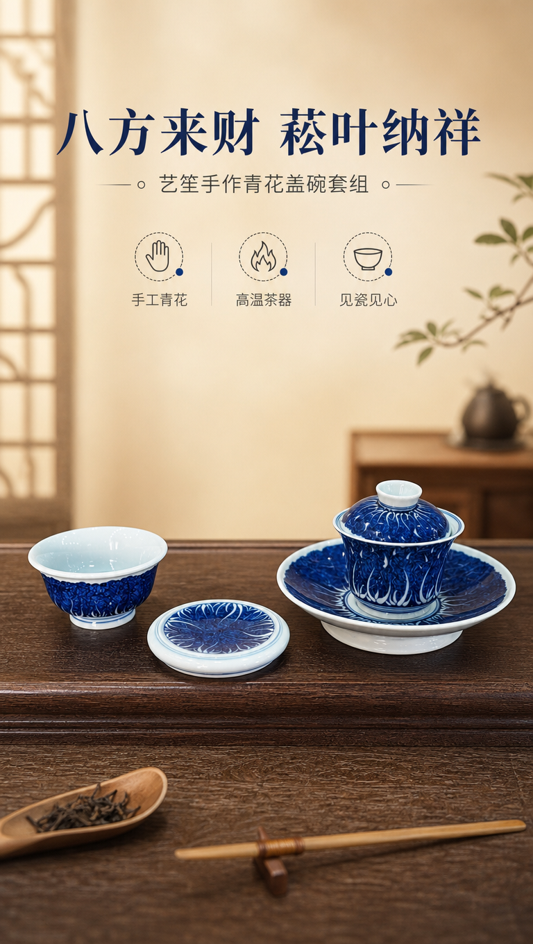 [商品] 使用【图1】艺笙手作八方来财菘叶纳祥青花盖碗套组，含… - 图片创意预览