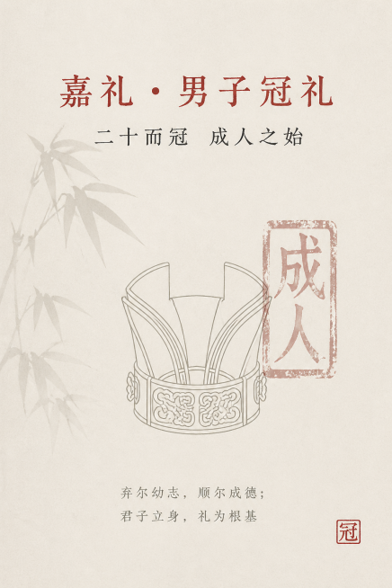 竖版专业平面设计海报，印刷级品质，300DPI，CMYK模式，8K超高清，JPEG格式，无AI插画感，真实平面印刷质感。设计要求：画面视觉中心为极简线描解构的缁布冠纹样，搭配半透明拓印质感的「成人」篆预览效果