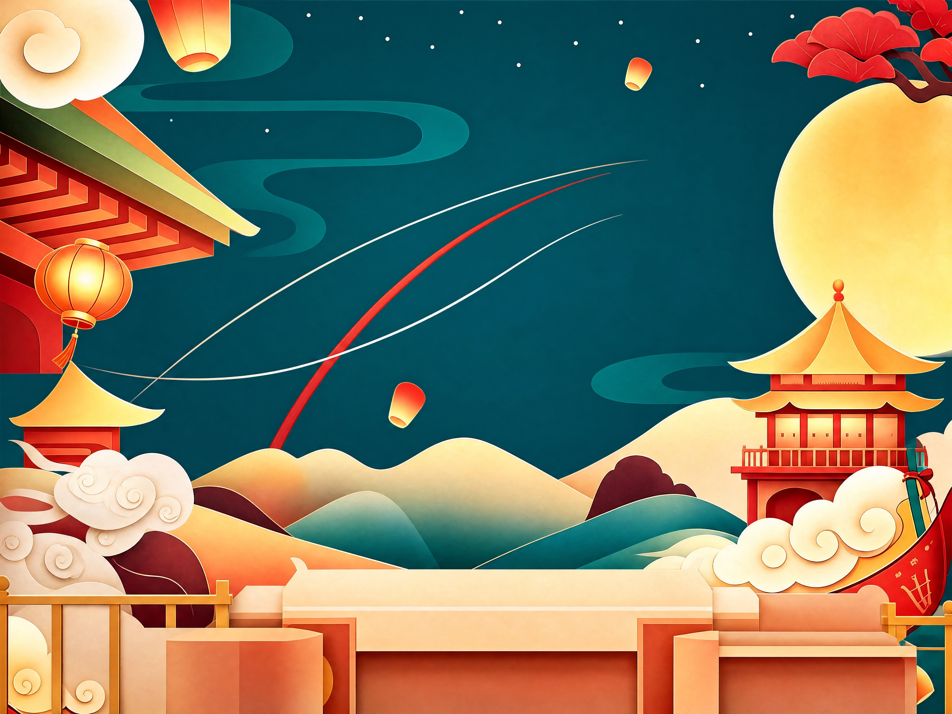 参考图中的国潮中秋插画风格，生成一张更大尺寸的高清大图，保持画… - 图片创意预览