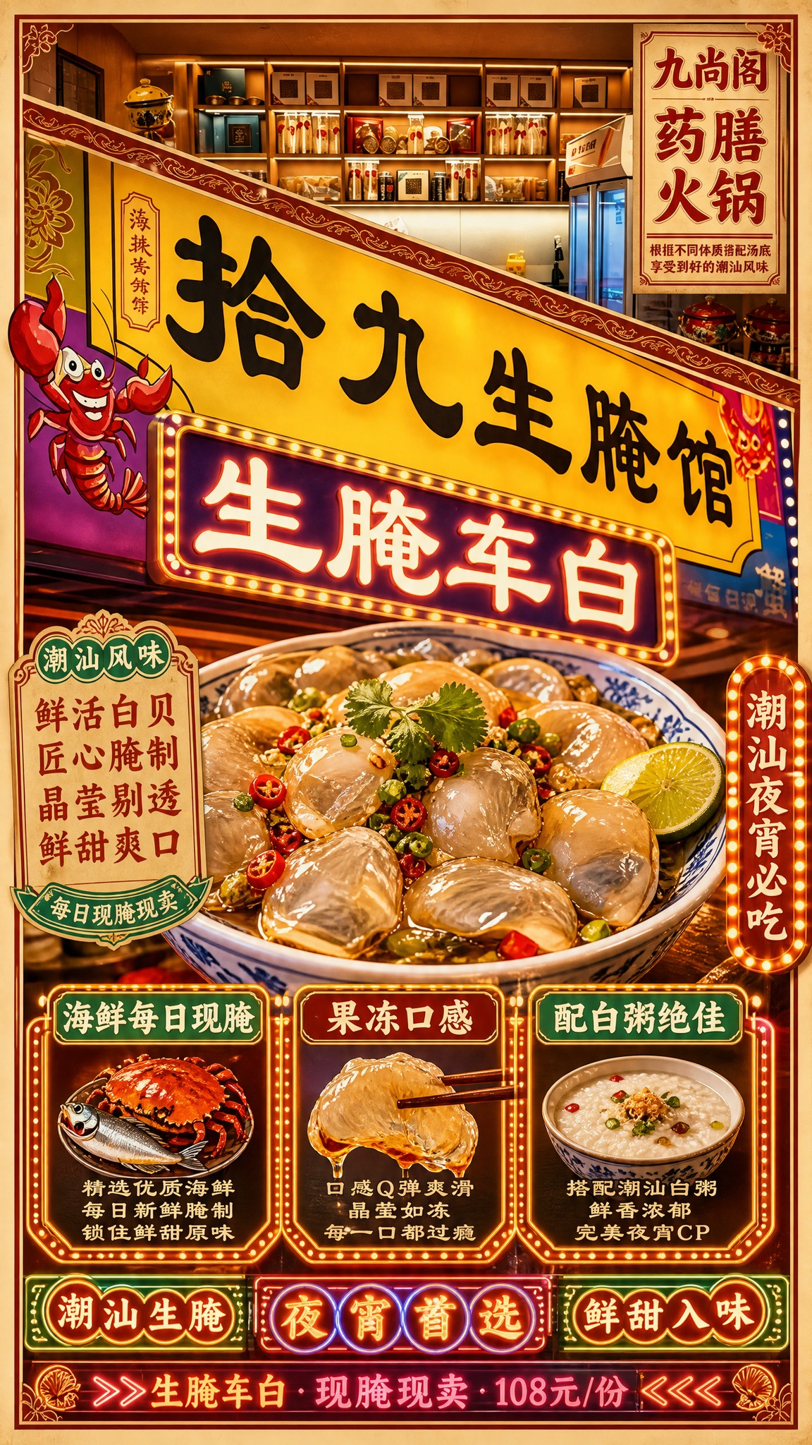 基于原图的国潮港风复古市井招牌风格，为拾九生腌馆设计一张生腌车… - 图片创意预览
