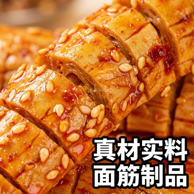 [主图 3] 素鱿鱼烧食材细节展示，保留原产品实物特征，微距特写切好的素鱿鱼烧表面，突出红油浸润、芝麻颗粒饱满的诱人质感，展现做工细节，高饱和度暖色调，多巴胺风格，食欲感强。右下角标注文案："真材实料预览效果