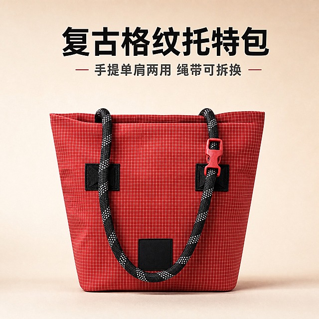 [主图-1] 红色格纹攀岩绳托特包正面单品展示加卖点标题，突出整体外观与核心卖点总览。
[统一基调] 高级感 品质感 信息型电商主图风格；背景为浅米色渐变纯色背景，柔和影棚光；整体配色以红色格纹包为主视觉，搭配黑色攀岩绳与红色快拆扣；标题字色为黑色粗体，辅助字色为深灰色，强调色为红色；字体为现代无衬线粗体；文字放在画面上下负空间，不遮挡包包主体。
[画面] 包包正面居中偏下摆放，主体占画面约60%，完整展示红色细格纹面料、桶型托特包轮廓、顶部开口、底部黑色方形装饰标；黑色加粗攀岩绳手提带自然垂挂，绳身带白色点状纹理，红色快拆扣清晰可见，连接部位黑色织带加固结构清楚；包包自然立放，底部有柔和接触阴影，呈现真实立体感；背景为干净的浅米色上下渐变背景，上方留白用于放置标题文字，下方有轻微投影增加质感。
[光影质感] 柔和商业影棚光，主光从左上方45度照射，包身左侧高光自然，右侧过渡柔和阴影；格纹面料呈现细腻织物纹理，攀岩绳有粗绳编织质感，红色快拆扣有轻微塑料光泽；整体光影均匀，无过曝死黑。
[配色] 主色红色格纹，辅助色黑色攀岩绳、红色快拆扣、浅米色背景、黑色文字、深灰辅助文字；整体色调干净高级。
[文字版式] 画面顶部居中放置主标题，大号黑色粗体无衬线字："复古格纹托特包"；主标题下方放置小号深灰色辅助文字："手提单肩两用 绳带可拆换"；文字横排居中对齐，字间距适中，不遮挡包包主体；标题最大最粗，辅助文字字号约为标题的50%。
[输出要求] 1:1正方形比例，2048x2048像素；包包轮廓清晰，格纹纹理细腻，文字清晰可读；负向：变形 模糊 色差 悬浮 水印 平台Logo 多余杂物 文字遮挡主体 错字