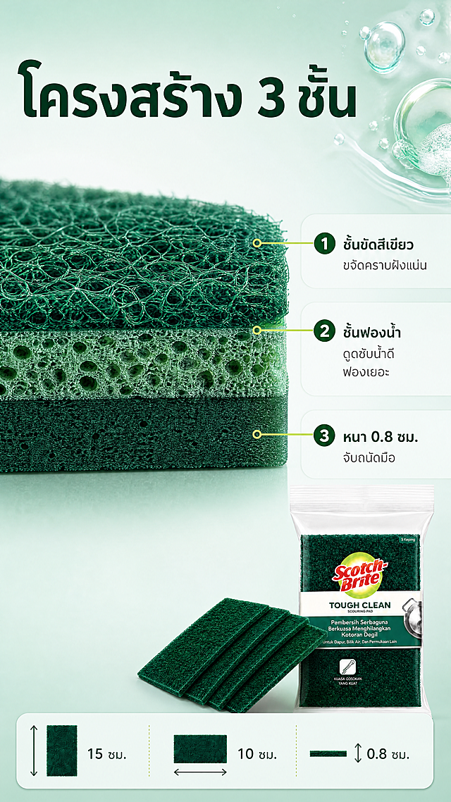 [商品] 使用【图1】绿色 Scotch-Brite TOUGH CLEAN 百洁布；保留绿色研磨层、深绿海绵层的层叠结构、厚度比例与颜色，包装文字与 Logo 原样不改；商品处理：将一片百洁布以剖面方式呈现三层结构，断口干净、纤维与孔洞质感真实，边缘清晰化。
[画面] 页面目标：结构解析；产品剖面居中偏左，占画面约 60%，右侧用细线引线引出三处结构标注；下方配浅底结构色块条；阅读动线由剖面到引线到标注；景别微距偏中景；深薄荷色渐变背景，右上角少量皂泡与清水材质元素形成三层视觉层次。
[视觉] 套系策略：风格=跨境清洁日用清新商业摄影，真实客观、极简、少装饰；标题字=泰语粗黑无衬线体；正文字=泰语常规无衬线体；主色=深绿；背景延展=基于深绿与浅薄荷白做同色深浅渐变、明暗层级、清水与皂泡细腻质感；强调色=明黄绿，仅用于小面积图标、引线、标签、局部光效；标题色=深墨绿；正文色=中性深灰；组件=圆角浅底信息卡、细线引线、圆形编号徽章、虚线步骤条；光影=明亮均匀的厨房顶部柔光加微弱前侧补光。
[文字] 顶部泰语主标题 "โครงสร้าง 3 ชั้น", 三处引线标注 "ชั้นขัดสีเขียว ขจัดคราบฝังแน่น"、"ชั้นฟองน้ำ ดูดซับน้ำดี ฟองเยอะ"、"หนา 0.8 ซม. จับถนัดมือ"；全部文字横向排版，禁止竖排、旋转、斜排，不遮挡产品剖面。
[规格] 9:16 竖版，4K，负向提示：避免结构错乱、缺件、颜色改变、引线杂乱、错字、水印、价格信息、绝对化用语、冷灰白单调背景。