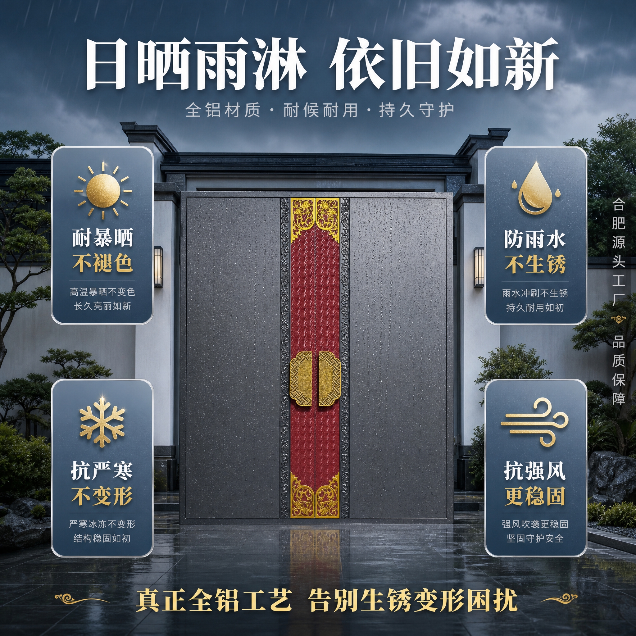 [主图-4] 性能与耐用性证明图，核心任务是展示全铝大门不生锈… - 图片创意预览