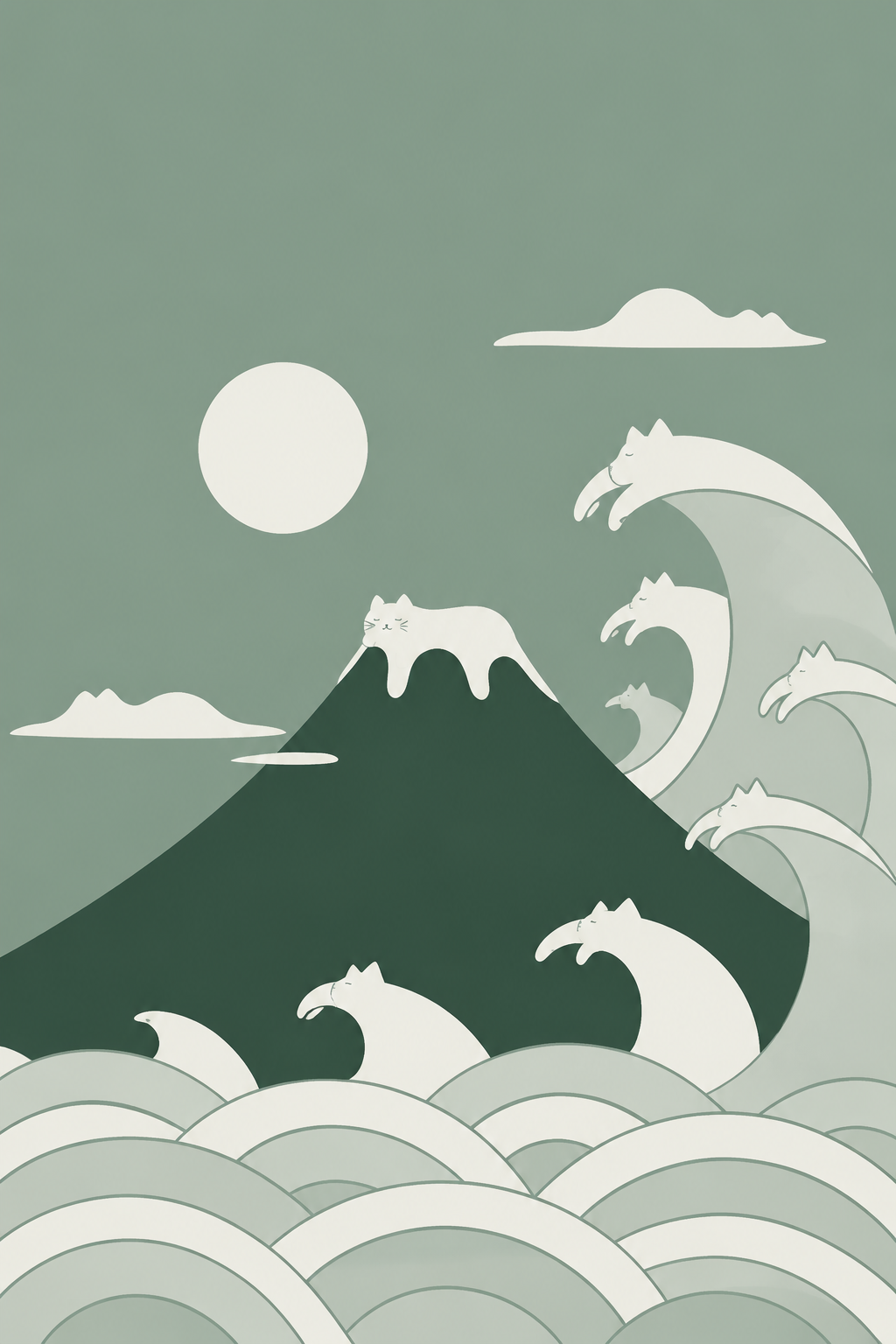 提取图中的门帘图案，完整还原门帘上的日式猫咪富士山风格设计：灰… - 图片创意预览
