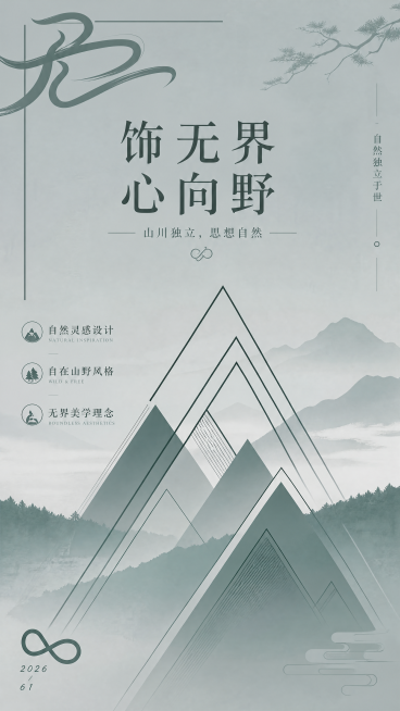 基于参考图生成新中式极简几何风户外饰品概念海报，主标题为"饰无界 心向野"，副标题为"山川独立，思想自然"，装饰文案为"自然独立于世"，卖点分别是自然灵感设计、自在山野风格、无界美学理念。整体采用莫兰预览效果