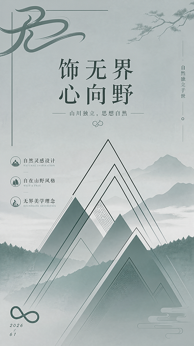 基于参考图生成新中式极简几何风户外饰品概念海报，主标题为"饰无界 心向野"，副标题为"山川独立，思想自然"，装饰文案为"自然独立于世"，卖点分别是自然灵感设计、自在山野风格、无界美学理念。整体采用莫兰迪灰绿色调，几何化山脉抽象图形，排版精美，构图层次清晰，文字清晰可读不遮挡主体，画面比例9:16