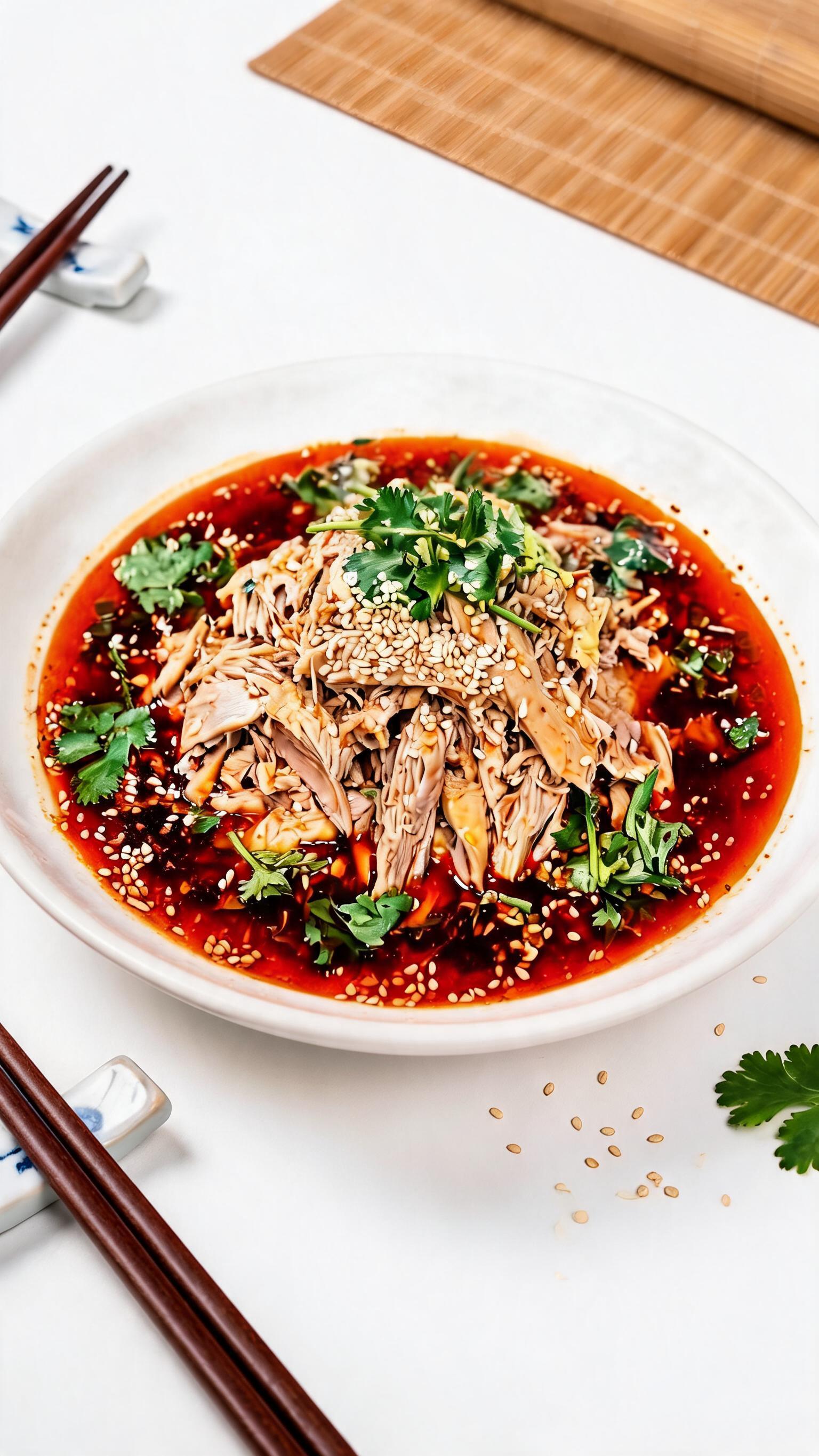高清写实风格凉拌鸡丝菜品，保留鸡丝、白芝麻、红油、香菜食材，画… - 图片创意预览