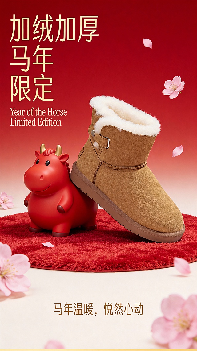 软3D风融合国潮元素，喜庆红底搭配毛发生长感小牛玩偶，卡通化设计传递可爱与温暖，樱花飘落增添节日氛围，马年限定款尽显创意巧思。