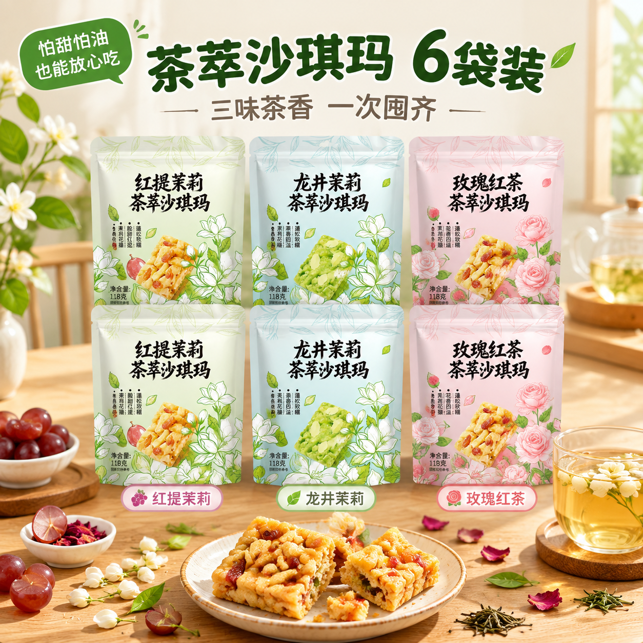 [主图-1] 抖音首图/点击率：茶萃沙琪玛6包装规格组合陈列，… - 图片创意预览