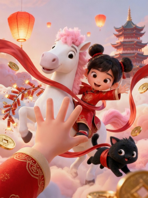 这是一个非常有冲击力的构图。小女孩的手掌作为前景夸张放大(像现在的图一样，但角度更陡峭)，马在后方背景中显得巨大且正在压下来。加一条长长的红绸缎或一串鞭炮，在画面中盘旋，缠绕在马腿、女孩腰间和黑色小怪预览效果