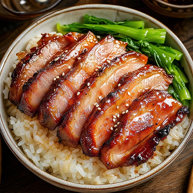 广式蜜汁叉烧饭，白米饭上铺满厚切叉烧，叉烧表面裹着晶莹剔透的蜜汁糖浆，泛着诱人的焦糖色光泽，肥瘦相间层次分明，米饭颗粒饱满油亮，旁边点缀少许翠绿青菜和一小撮白芝麻，热气腾腾，食物摄影，俯拍视角，暖光打在叉烧上形成高光，背景虚化，极致细节丰富，食欲感爆棚，高清美食摄影风格，4K超清，专业美食摄影
