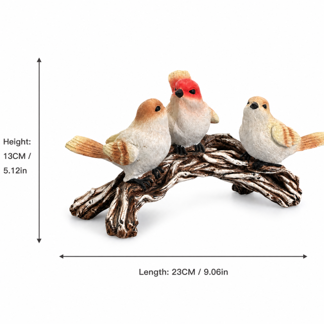 [Dimension image] Three bird decorative ornaments on branch with size标注. [Atmosphere Style] Clean pu预览效果