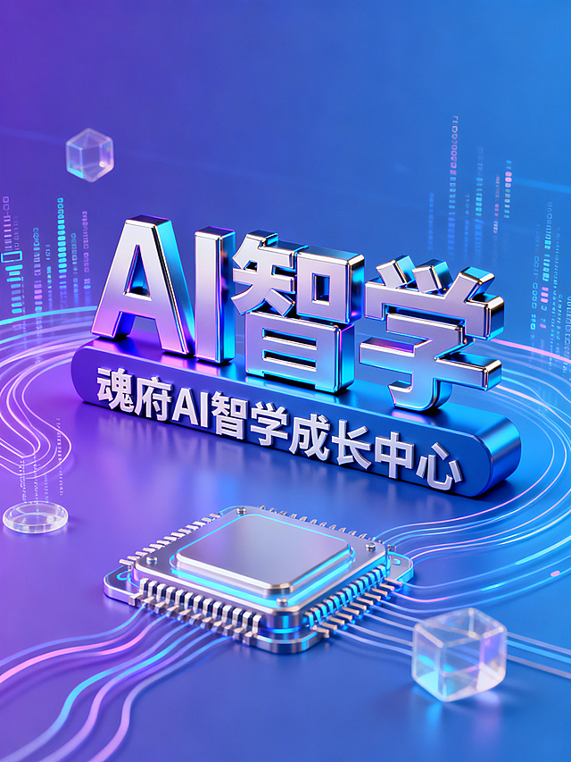 软件主界面主题图片，主题为魂府AI智学成长中心，核心关键字是带3D效果的“AI智学”文字，整体风格具有科技感，现代智能设计，适合作为教育软件主视觉