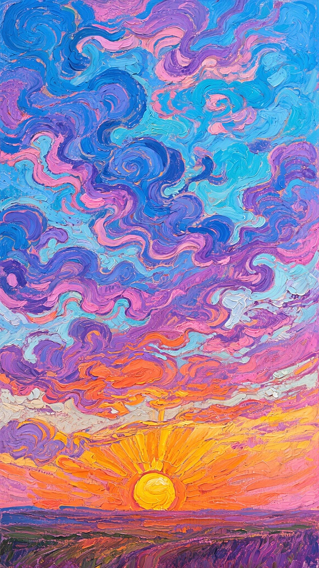 梵高风格的日落天空，浓烈的橙黄色太阳位于地平线中央，放射出温暖的光芒，天空被旋转扭曲的云彩覆盖，云彩呈现出鲜艳的蓝色、紫色和粉色，笔触厚重且富有动感，色彩对比强烈，充满激情与生命力，整体画面具有强烈的表现主义特征，给人以震撼的视觉冲击力。