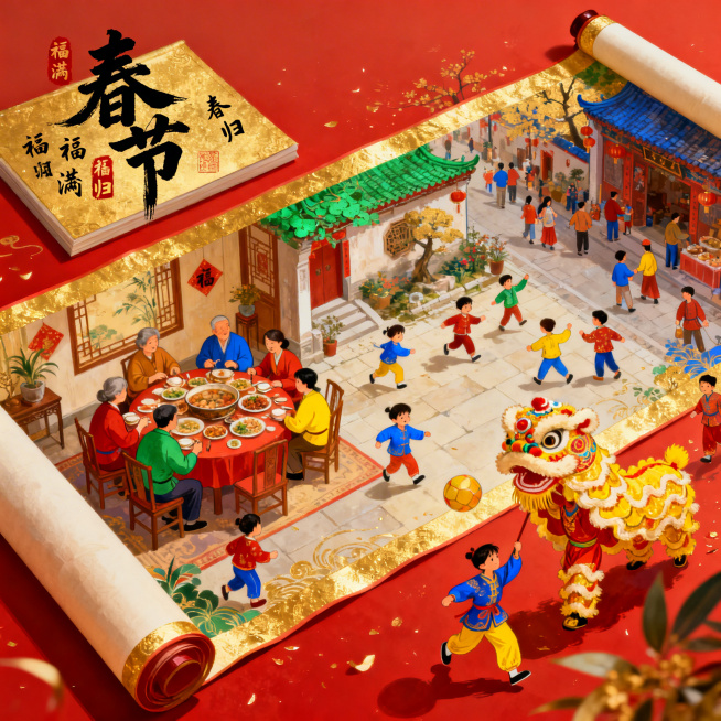 横向延展的卷轴式构图，全景展现室内团圆饭、庭院孩童嬉戏与街头舞狮的热闹场景，以中国红与奢华金为主色调，点缀翠绿、宝蓝与亮黄，营造鲜艳喜庆的视觉冲击，略带俯视的广角视角，融合现代商业插画的细腻与传统年画预览效果